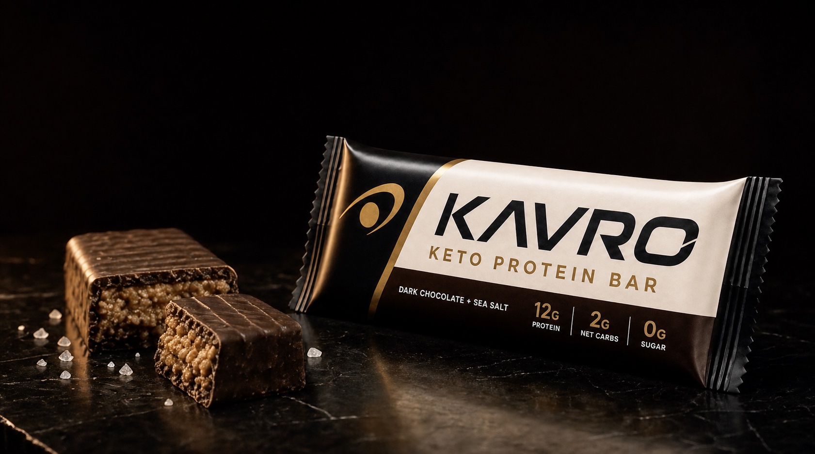 Close-up of Kavro keto protein bar packaging